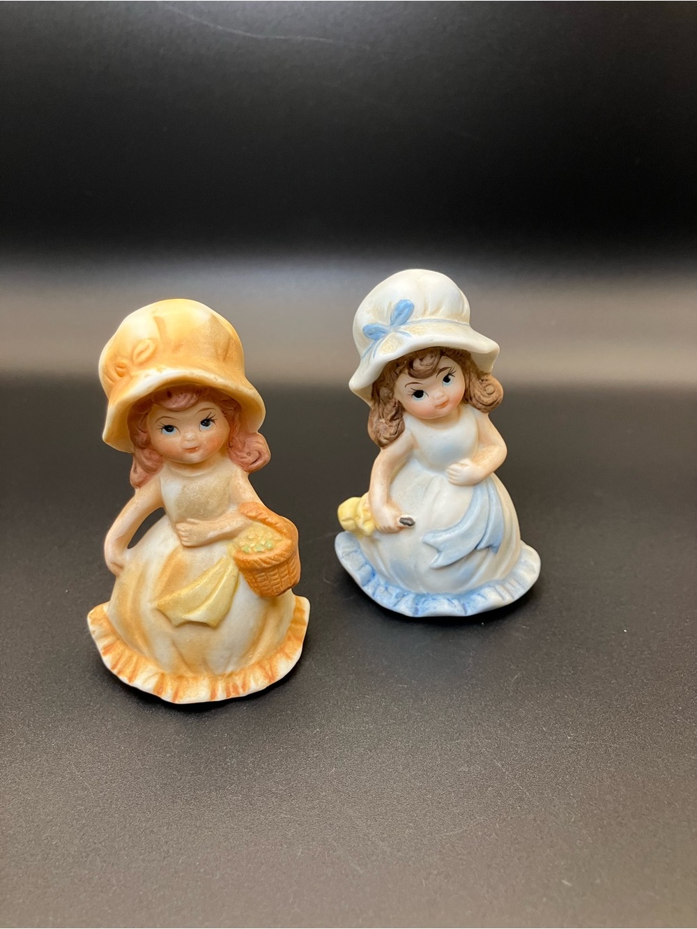 Vintage Bisque Porcelain Girl Figurine Set - Blue and Yellow